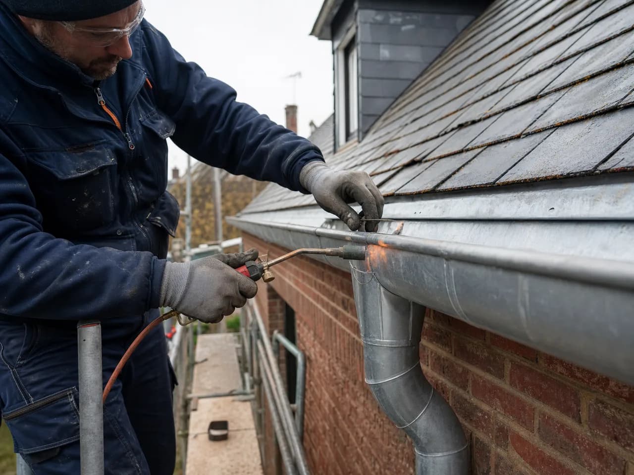 Artisan réalisant un raccord de gouttière en zinc